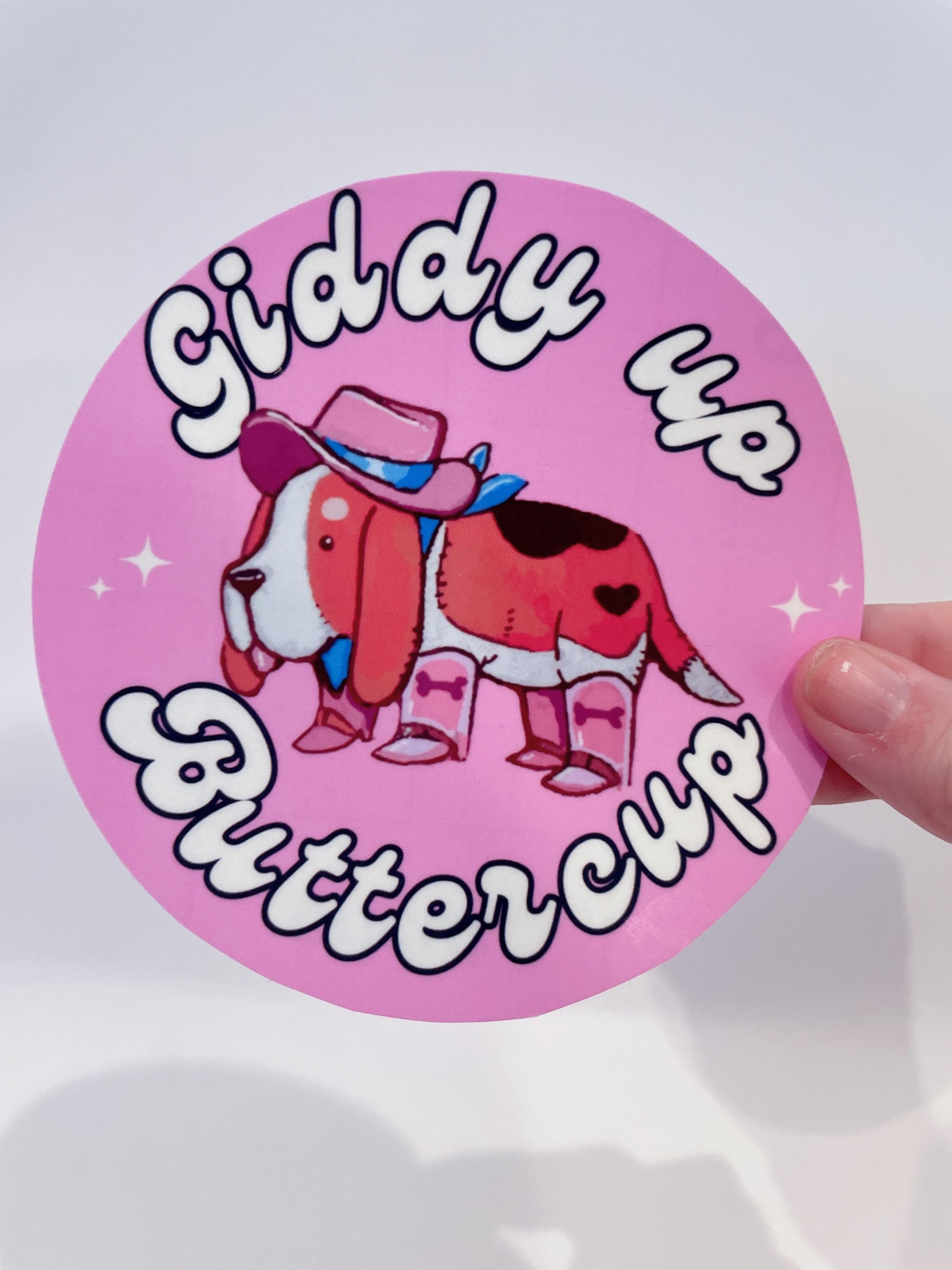 Basset hound giddy up butter cup large vinyl sticker