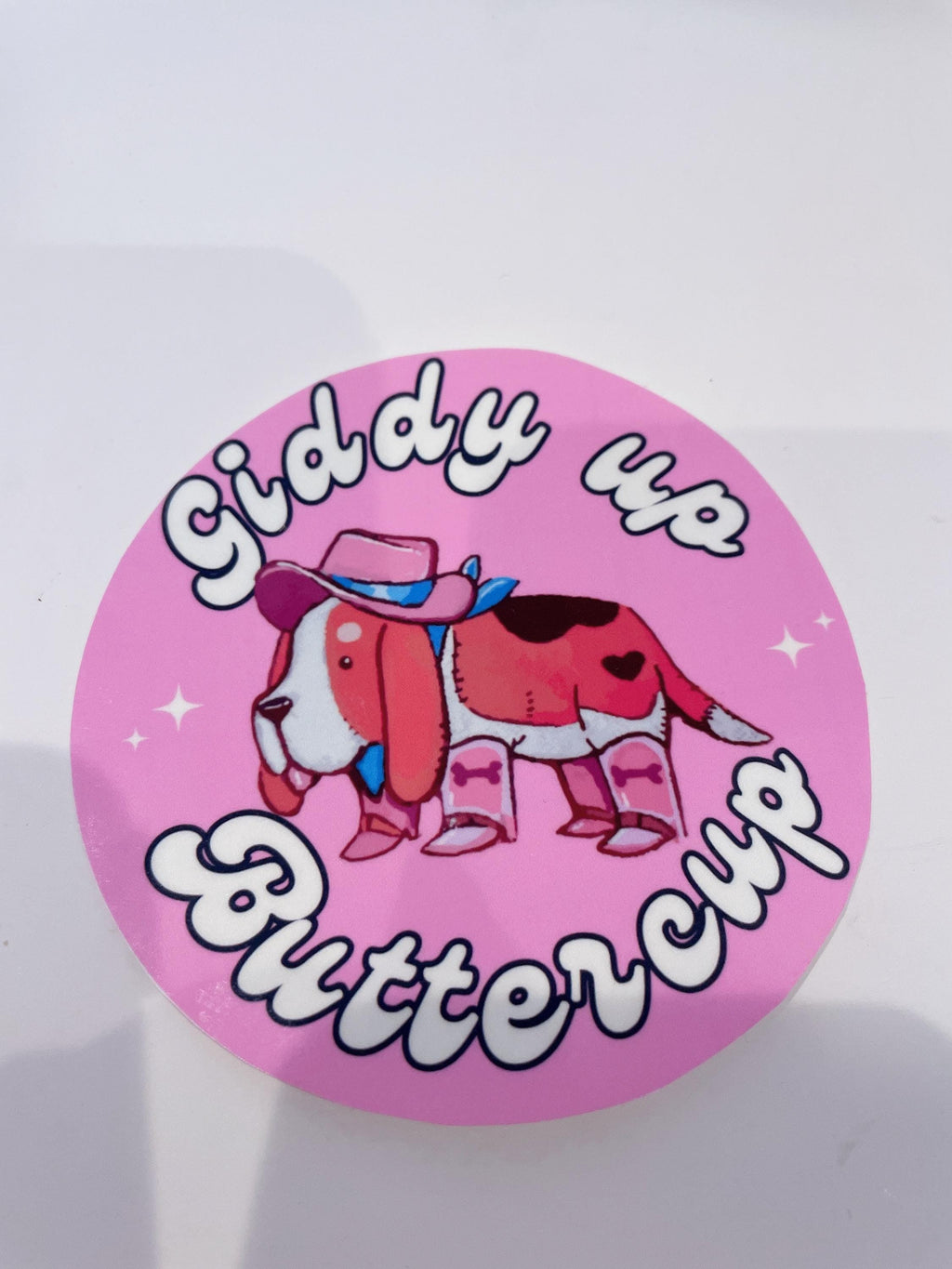Basset hound giddy up butter cup large vinyl sticker